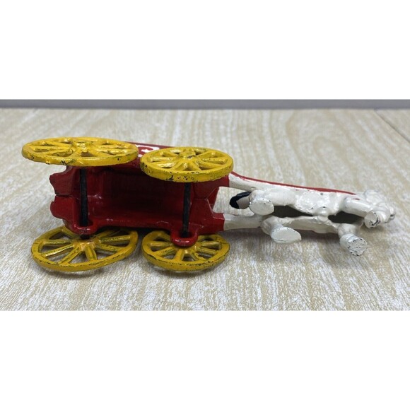 Vintage Cast Iron Horse Drawn Carriage Ice Cart Truck Wagon Toy Red White - Picture 5 of 9